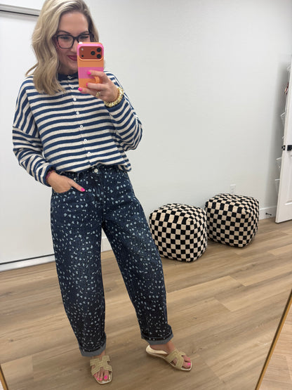 Leopard Jacquard Denim Barrel-Leg Pants