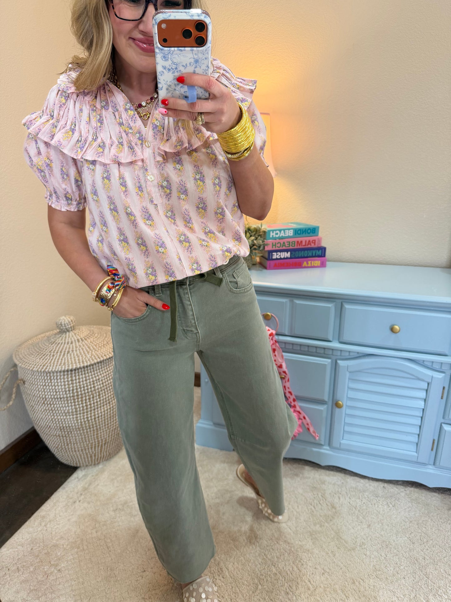 Pink Mix Flower Print Top with Bubble Sleeve