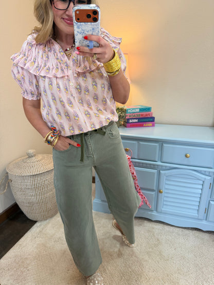 Pink Mix Flower Print Top with Bubble Sleeve