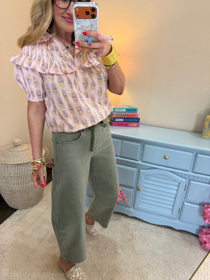 Pink Mix Flower Print Top with Bubble Sleeve