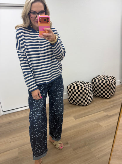 Navy Striped Collared Button-down Sweater Cardigan