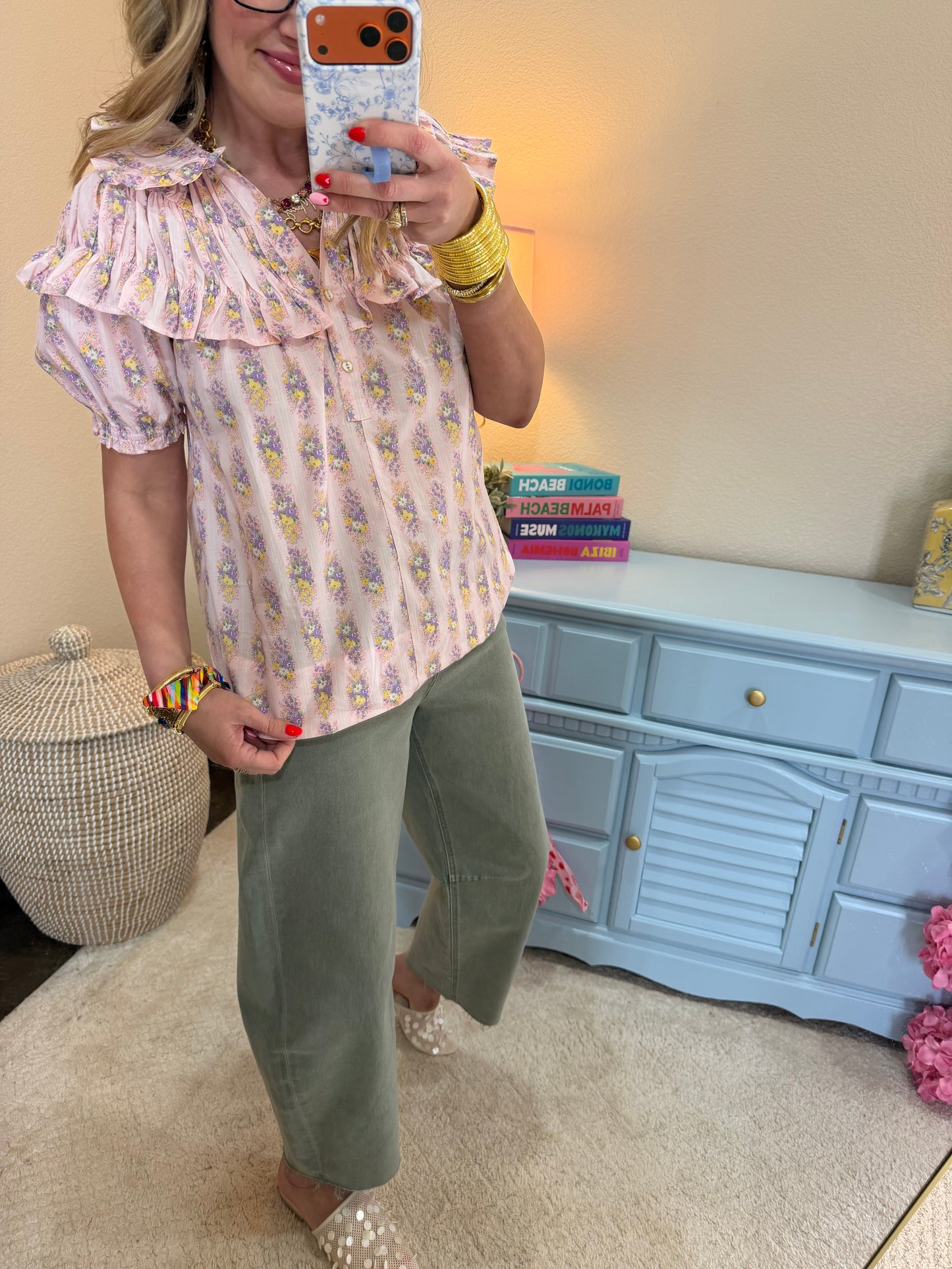 Pink Mix Flower Print Top with Bubble Sleeve