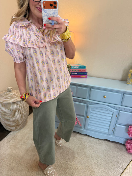 Pink Mix Flower Print Top with Bubble Sleeve