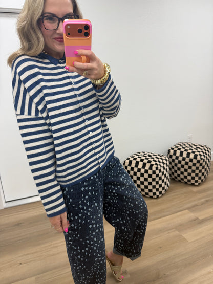 Navy Striped Collared Button-down Sweater Cardigan