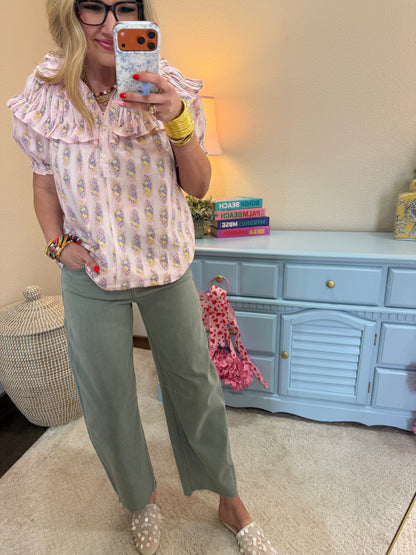 Pink Mix Flower Print Top with Bubble Sleeve