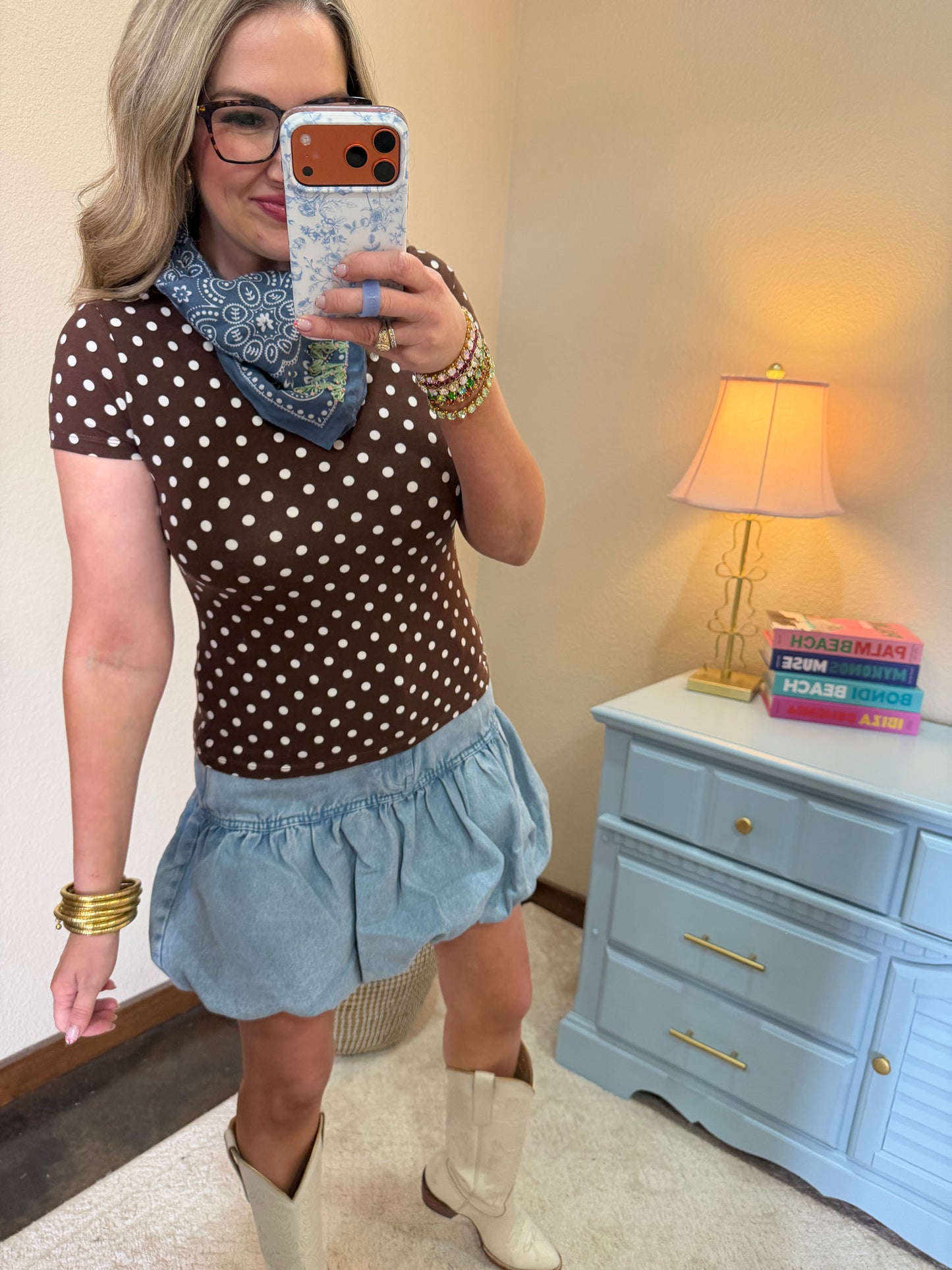 Brown Fitted Polka Dot Short Sleeve Crew Neck Top