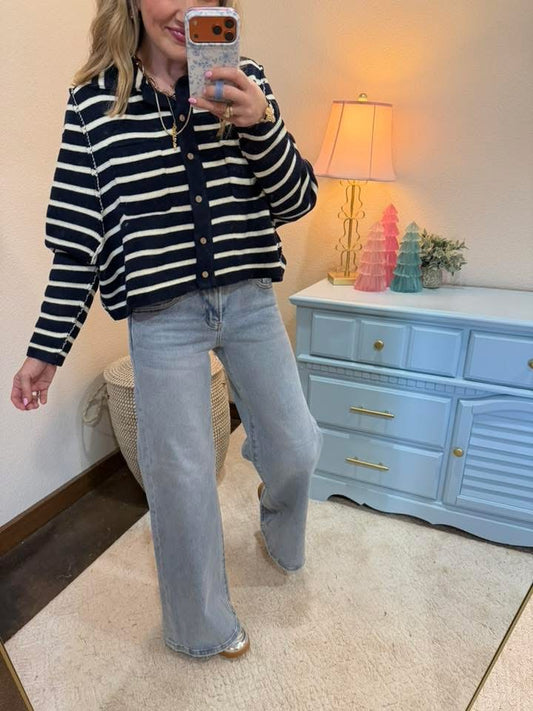 Navy/Cream Collared Striped Button-down Casual Sweater