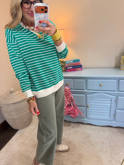 Green Striped Pullover Dorito Neck Stitched Top