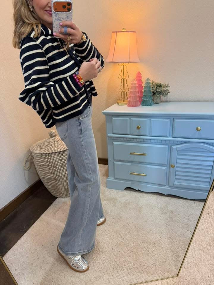 Navy/Cream Collared Striped Button-down Casual Sweater