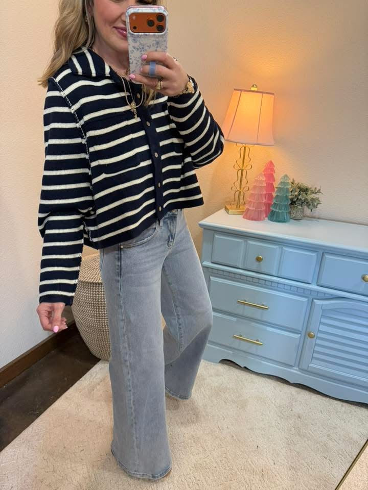 Navy/Cream Collared Striped Button-down Casual Sweater