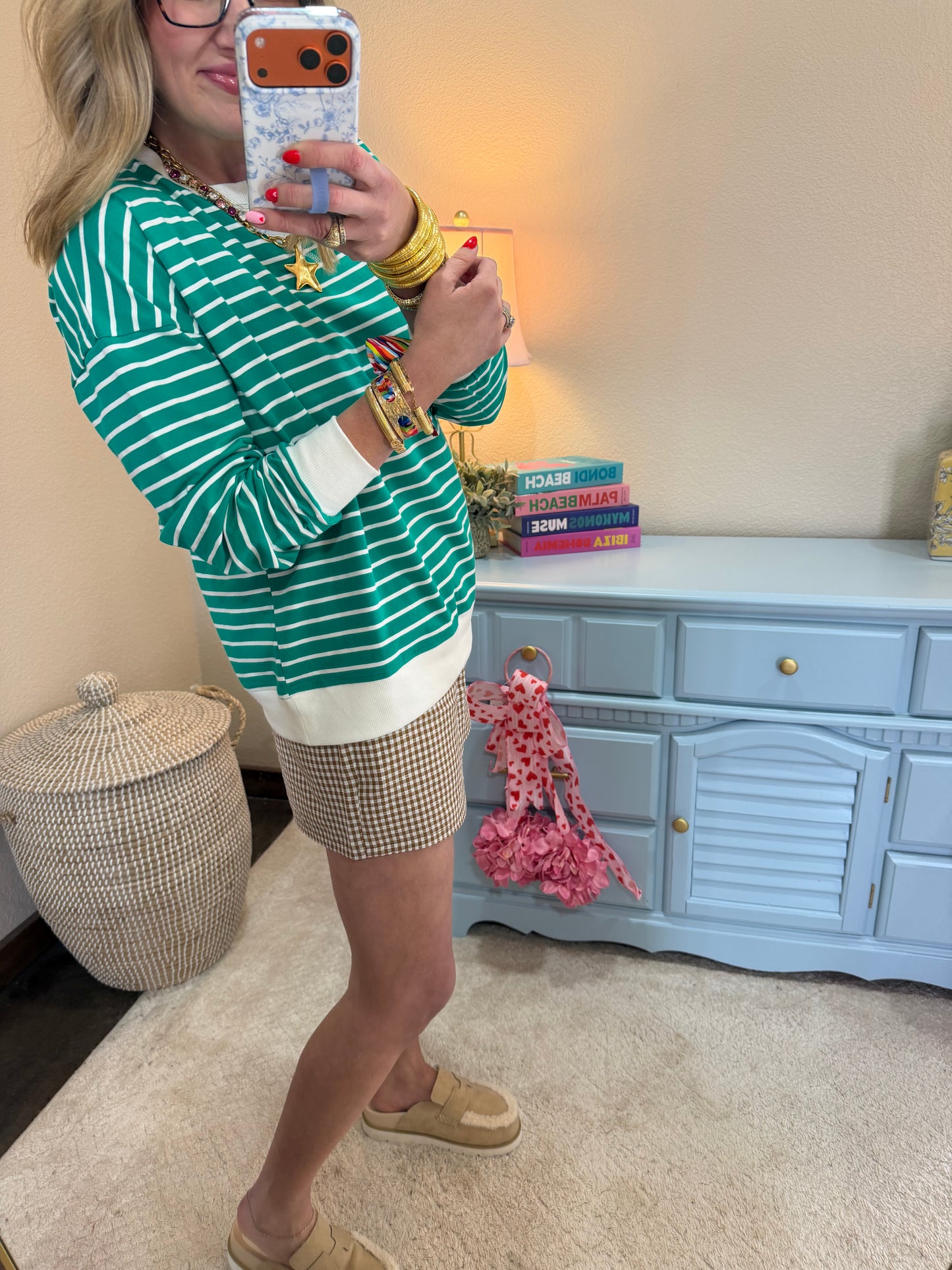 Green Striped Pullover Dorito Neck Stitched Top