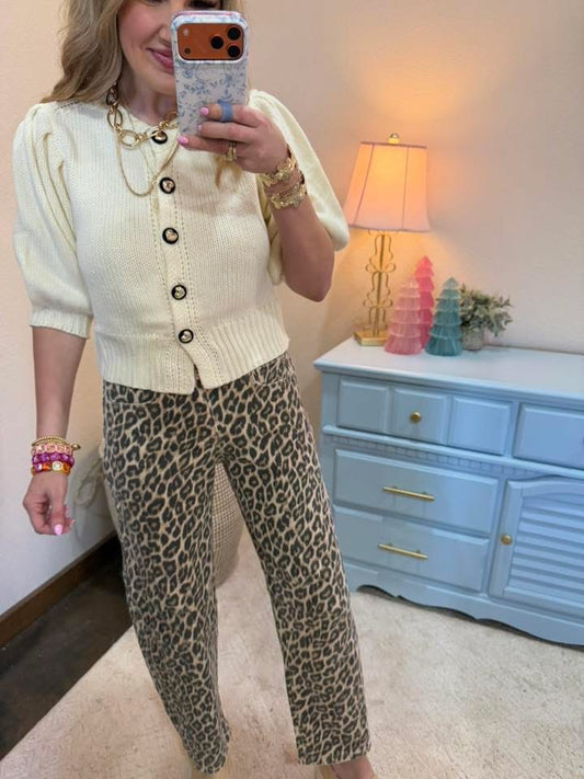 Cream Short Puff Sleeve Button Down Sweater