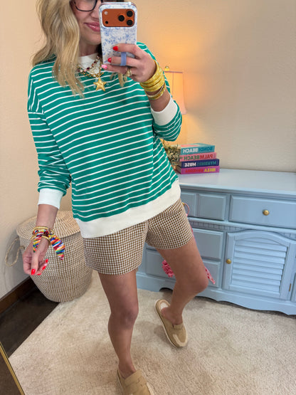 Green Striped Pullover Dorito Neck Stitched Top