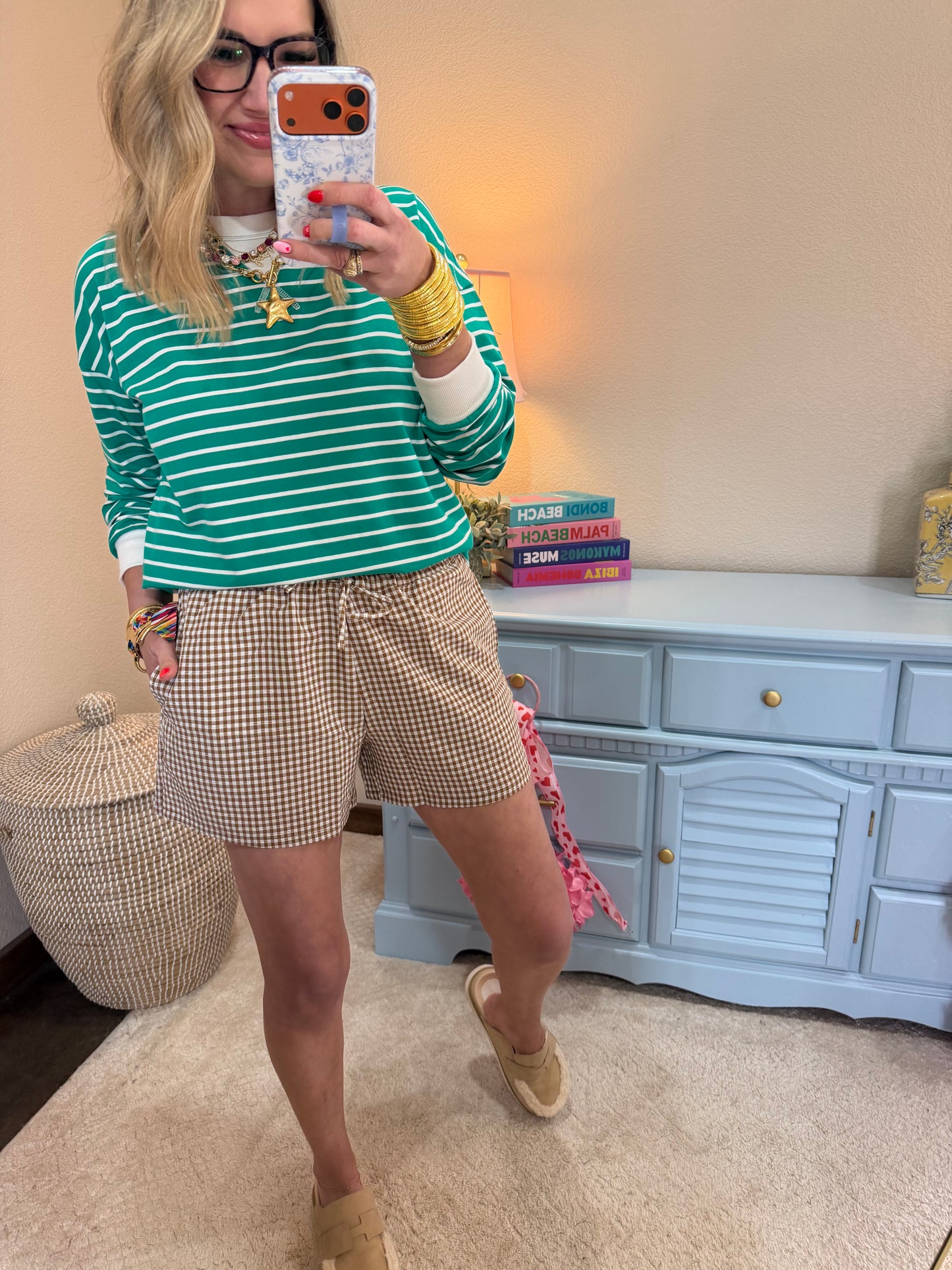 Green Striped Pullover Dorito Neck Stitched Top