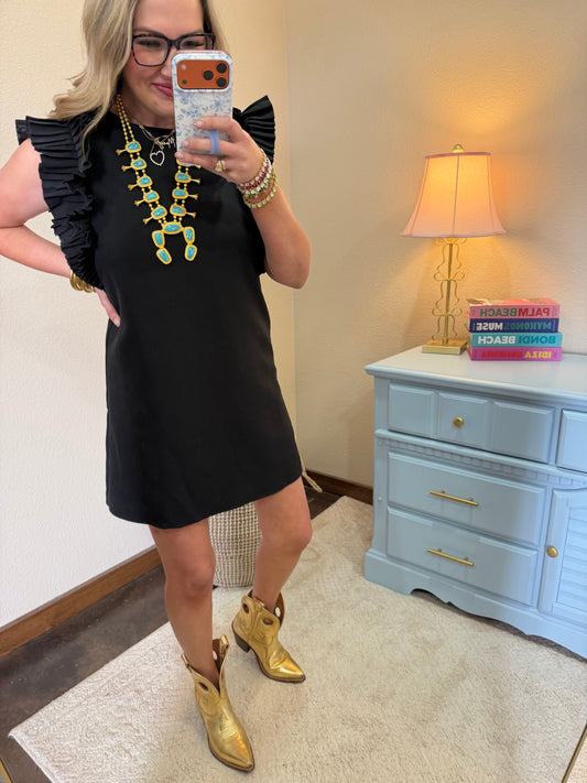 Black Pleated Sleeve Dress