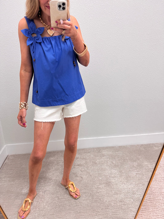 Blue Top with 3D Flower Detail Straps