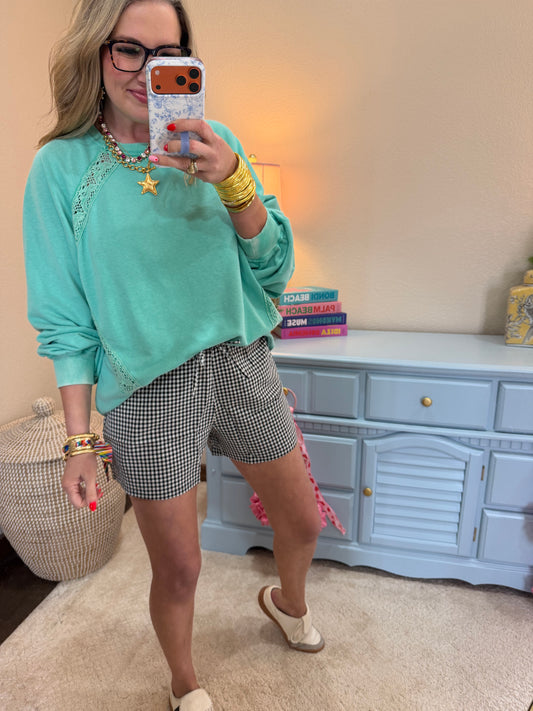 Turquoise Lace Detailed Pullover Top