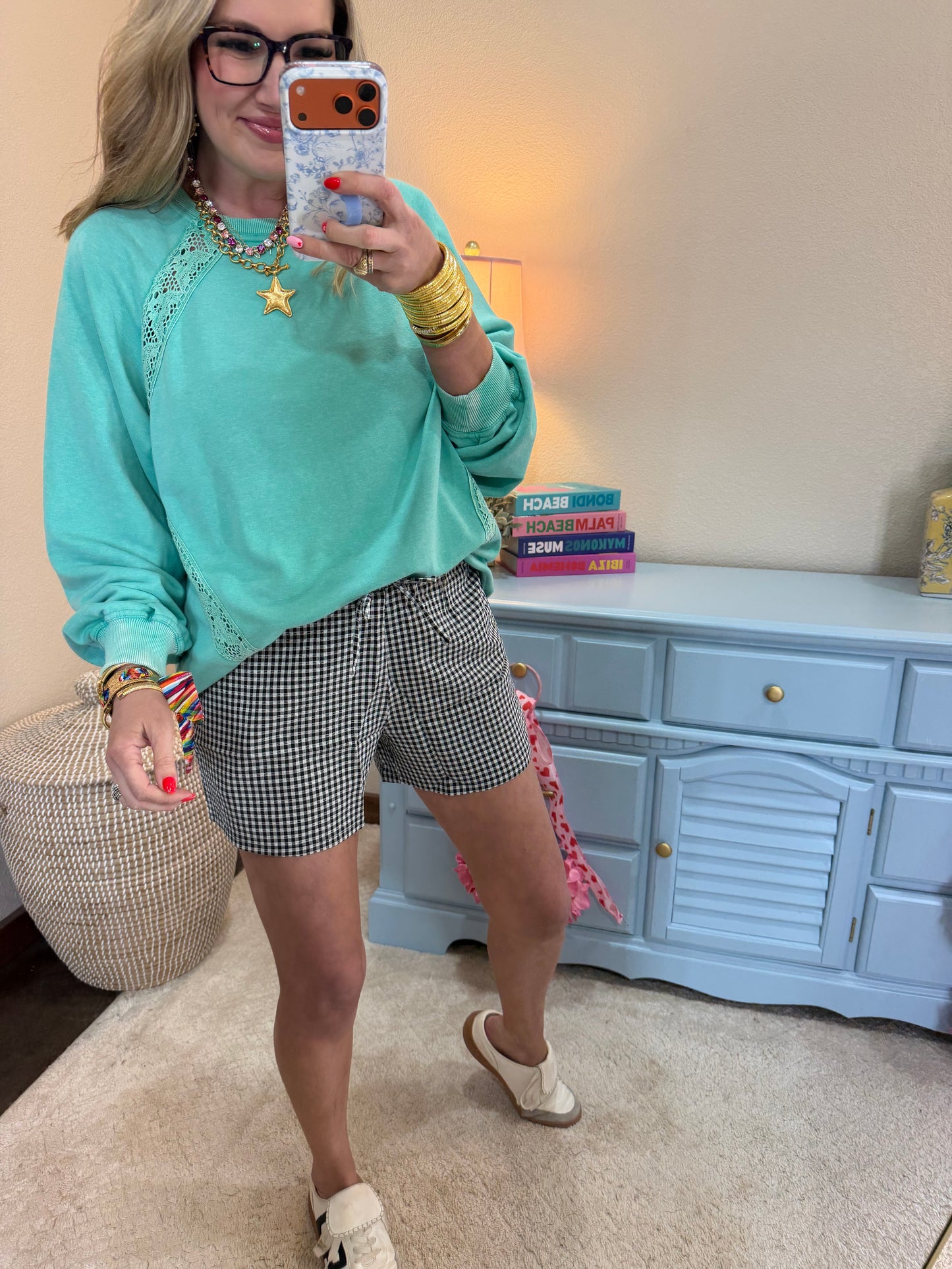 Turquoise Lace Detailed Pullover Top