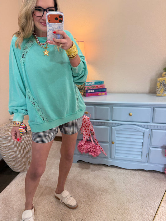 Turquoise Lace Detailed Pullover Top