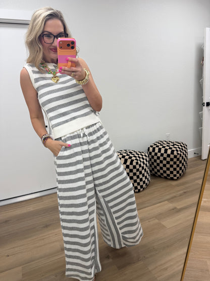 Gray and White French Terry Stripe Wide Leg Pant Set