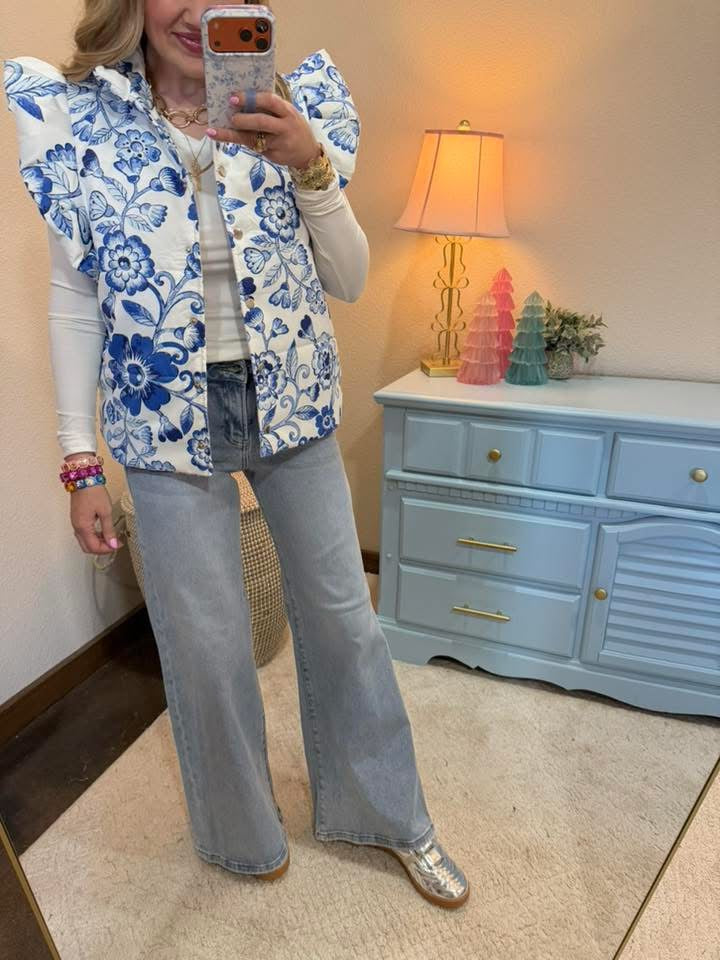 Blue and White Floral Puffer Vest