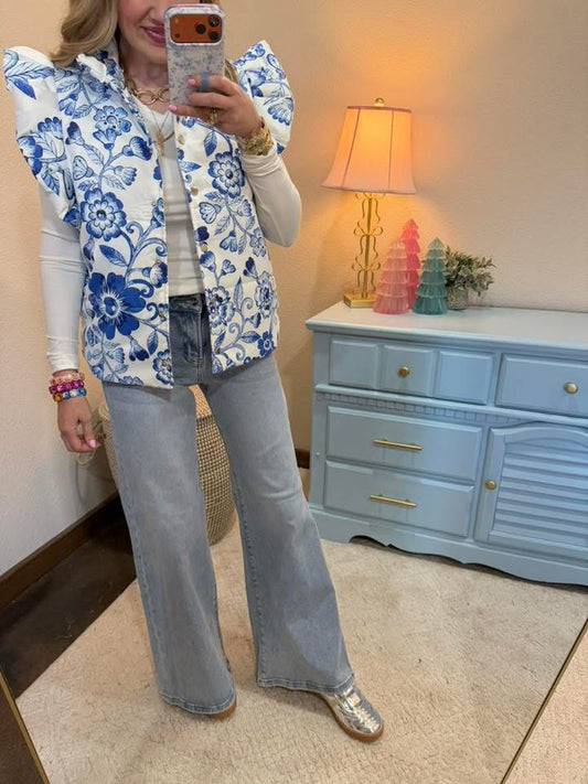 Blue and White Floral Puffer Vest