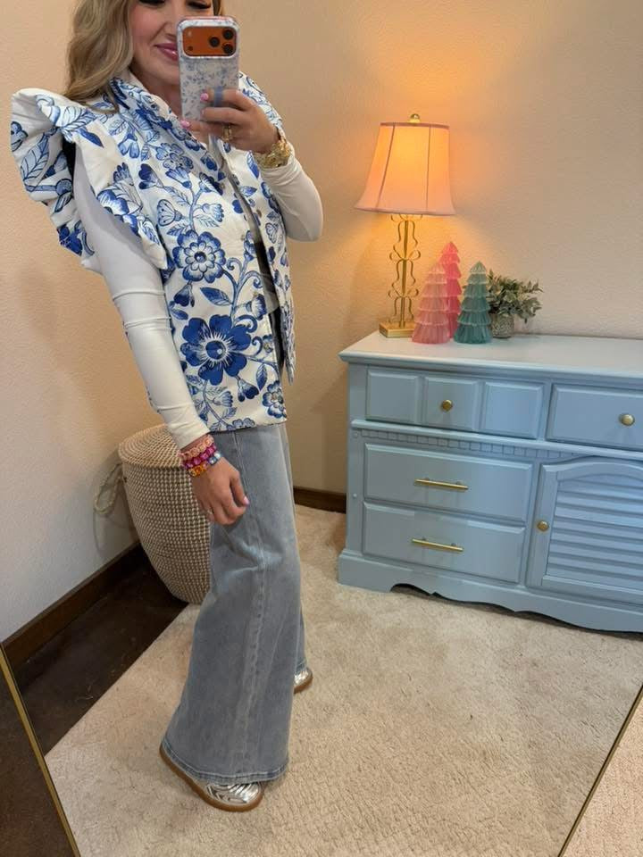 Blue and White Floral Puffer Vest