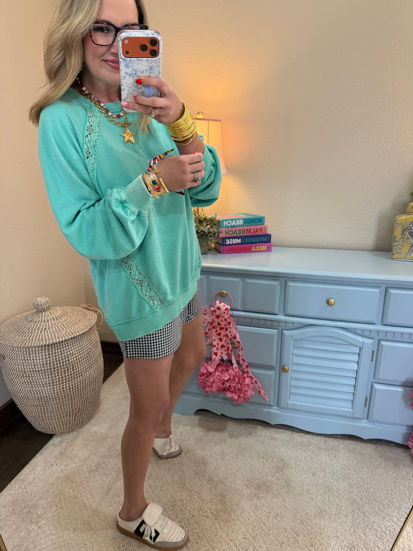 Turquoise Lace Detailed Pullover Top