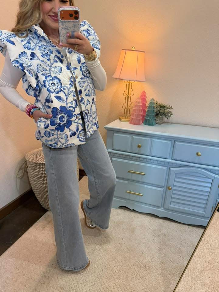 Blue and White Floral Puffer Vest
