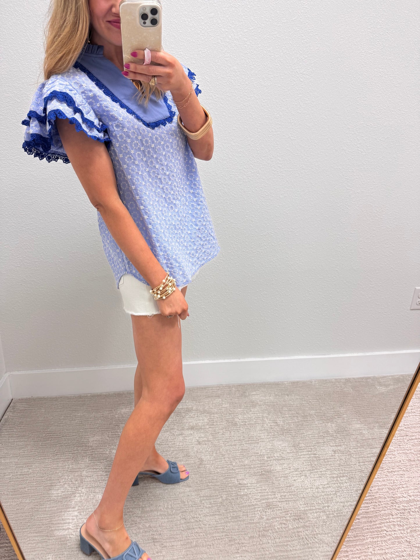 Blue Eyelet Flutter Sleeve Blouse