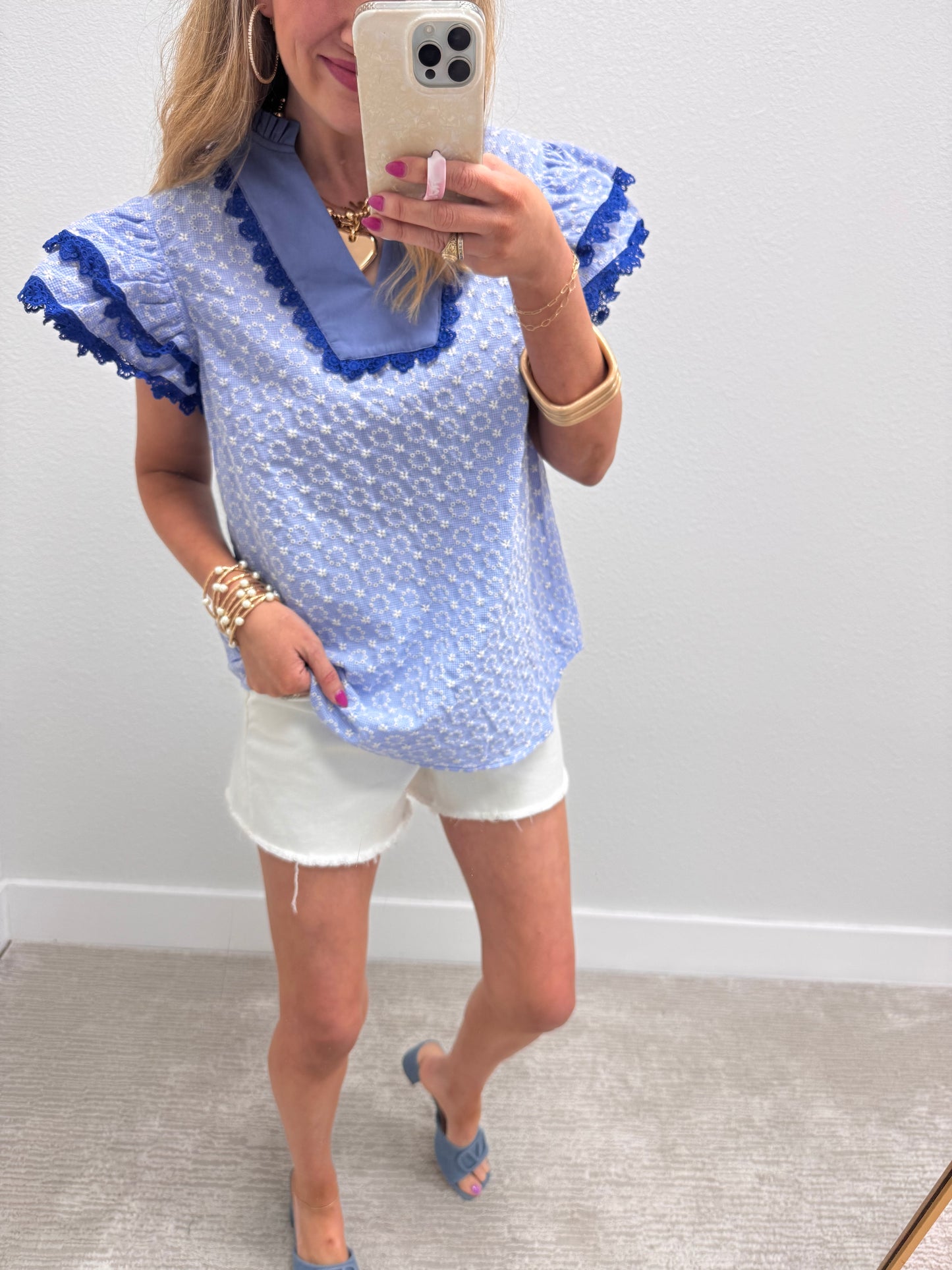 Blue Eyelet Flutter Sleeve Blouse