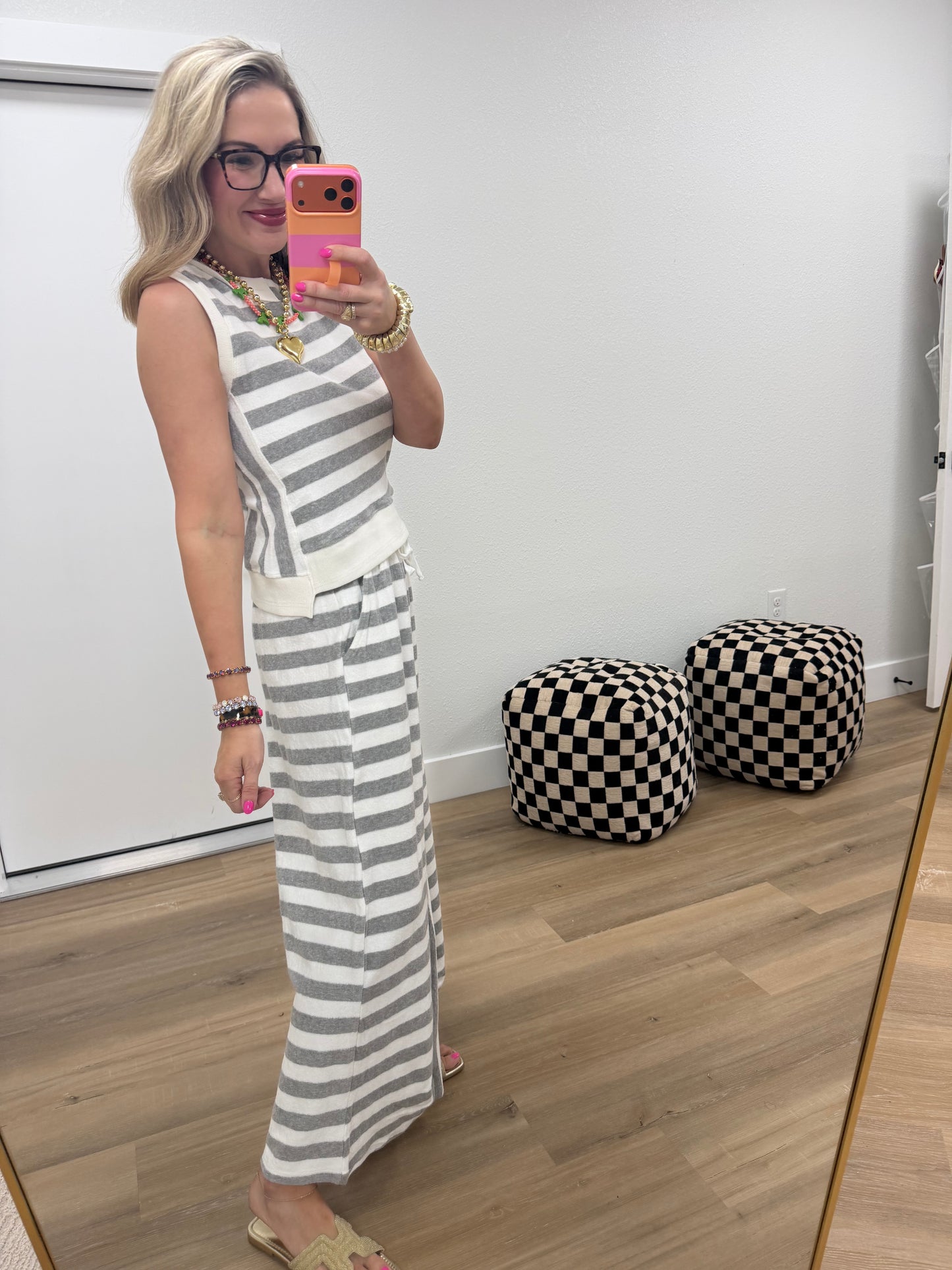 Gray and White French Terry Stripe Wide Leg Pant Set