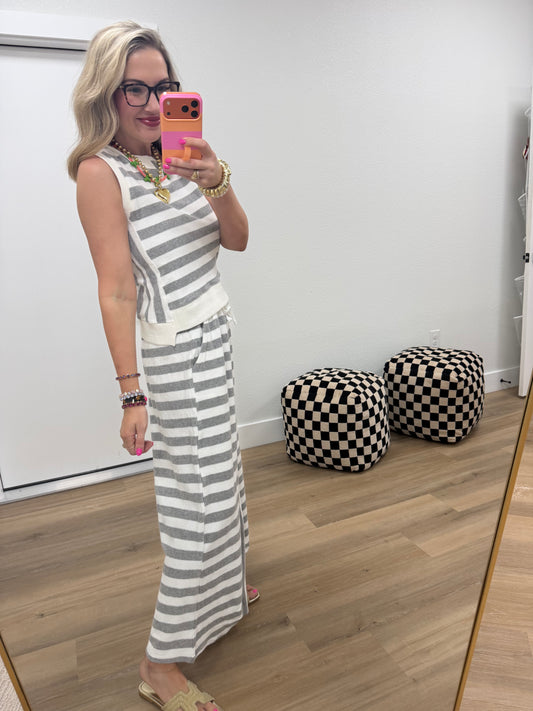 Gray and White French Terry Stripe Wide Leg Pant Set