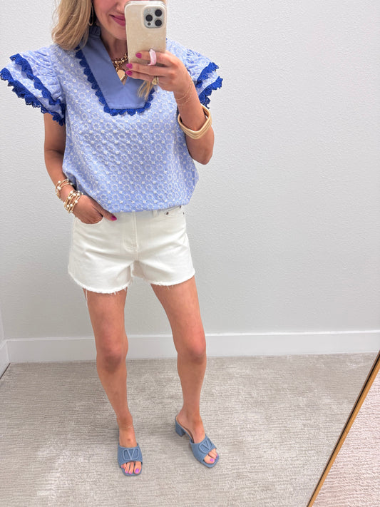 Blue Eyelet Flutter Sleeve Blouse