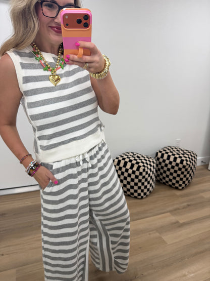Gray and White French Terry Stripe Wide Leg Pant Set