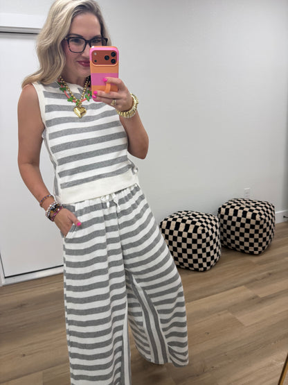 Gray and White French Terry Stripe Wide Leg Pant Set