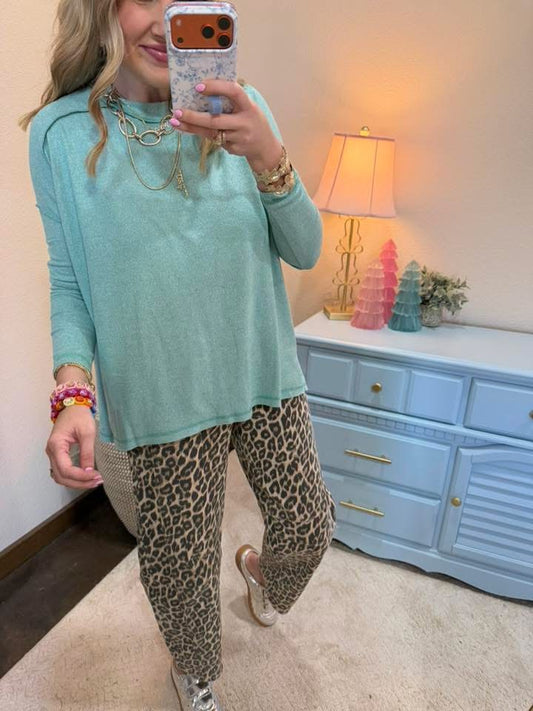 Turquoise Soft Melange Hacci Exposed Seam Hi-low Tee