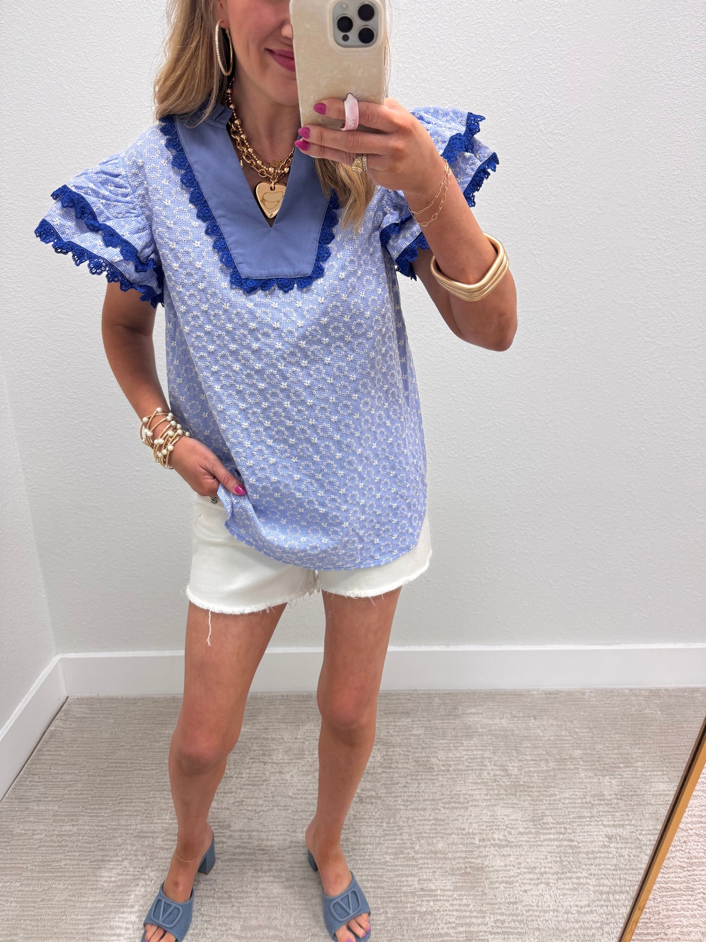 Blue Eyelet Flutter Sleeve Blouse