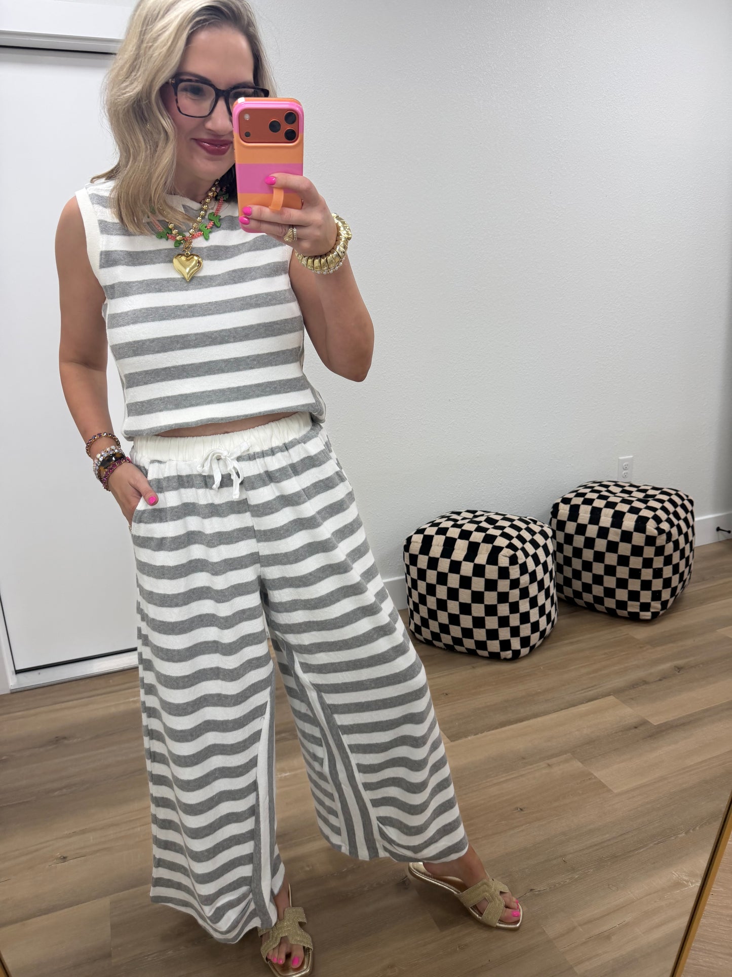 Gray and White French Terry Stripe Wide Leg Pant Set