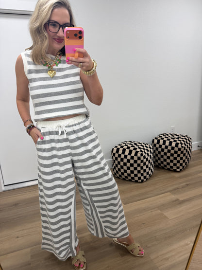 Gray and White French Terry Stripe Wide Leg Pant Set