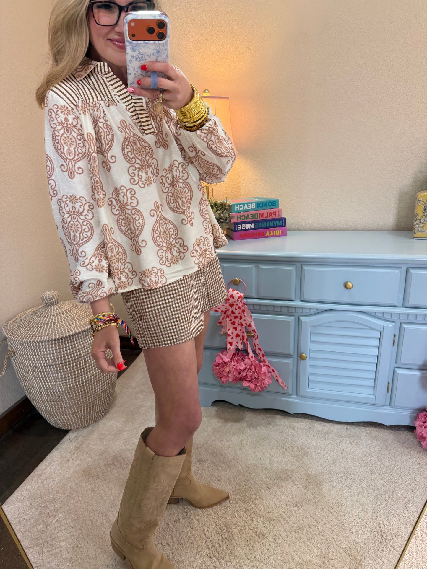 Taupe Long Sleeve Woven Print Collared Top with Strip Contrast