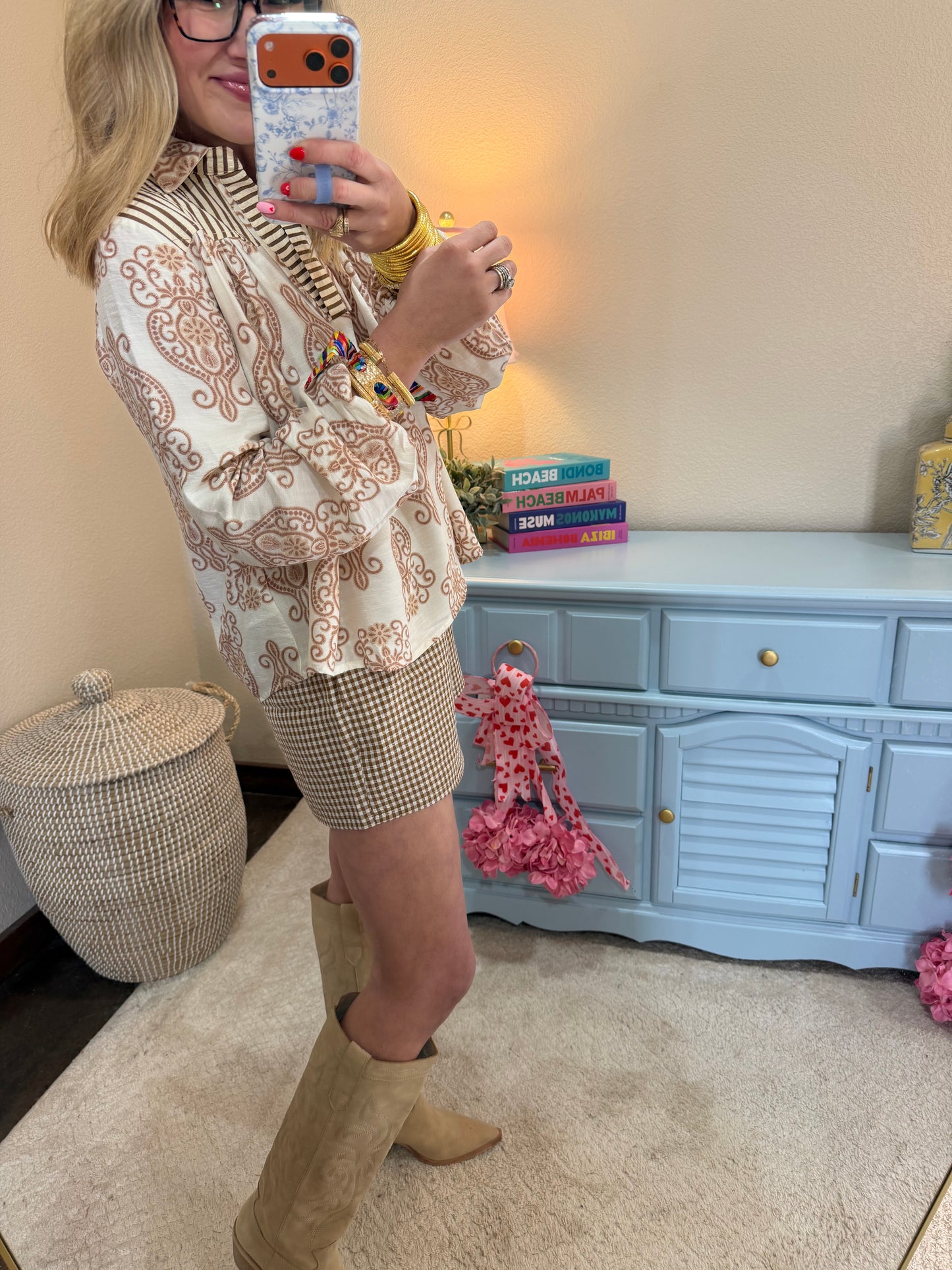 Taupe Long Sleeve Woven Print Collared Top with Strip Contrast