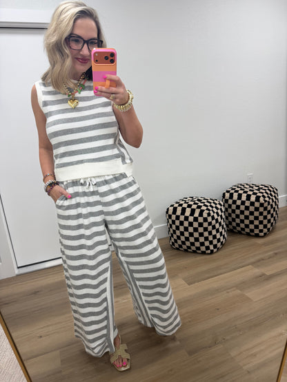Gray and White French Terry Stripe Wide Leg Pant Set