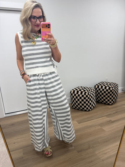 Gray and White French Terry Stripe Wide Leg Pant Set