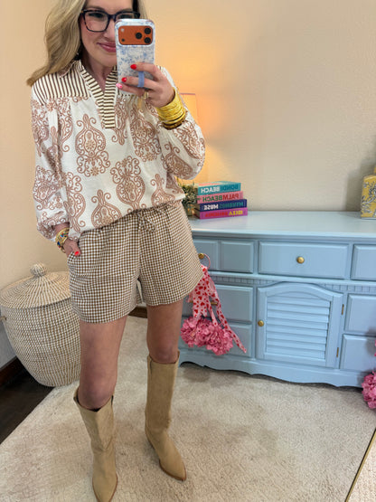 Brown Gingham Relaxed Fit Shorts