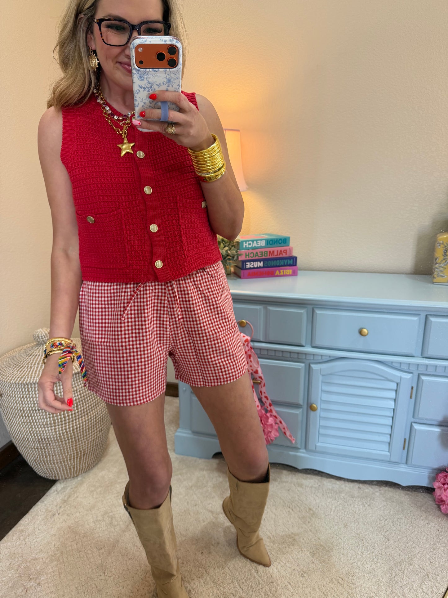 Red Gingham Relaxed Fit Shorts