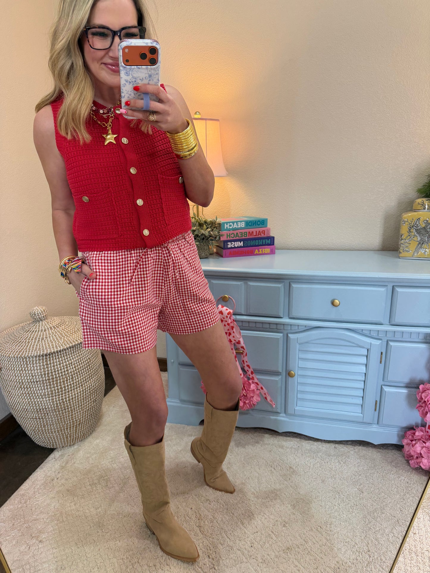 Red Textured Button-front Vest With Pocket