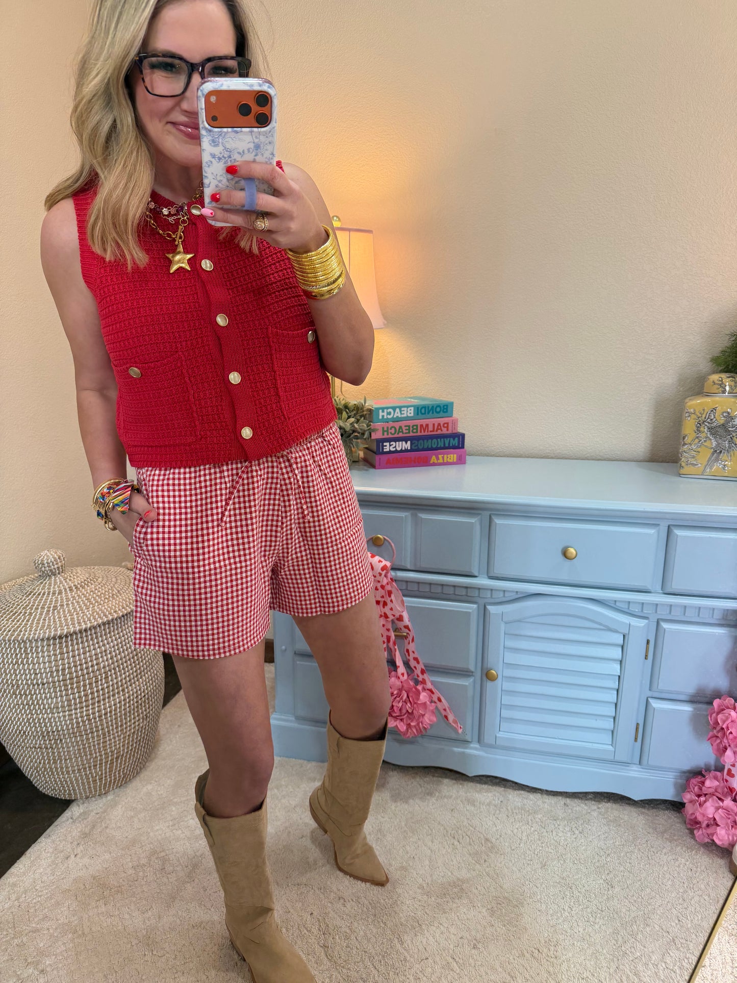 Red Textured Button-front Vest With Pocket