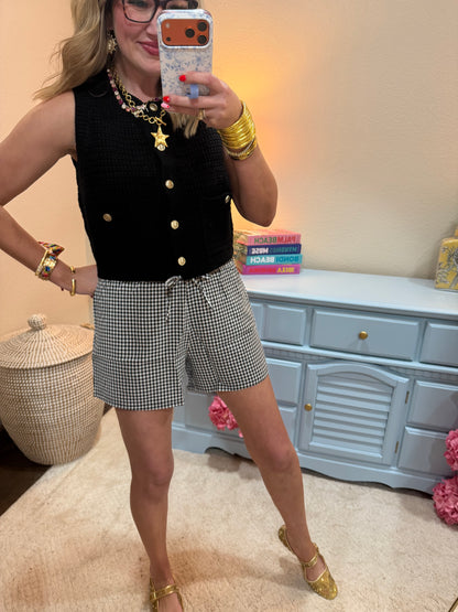 Black Textured Button-front Vest With Pocket