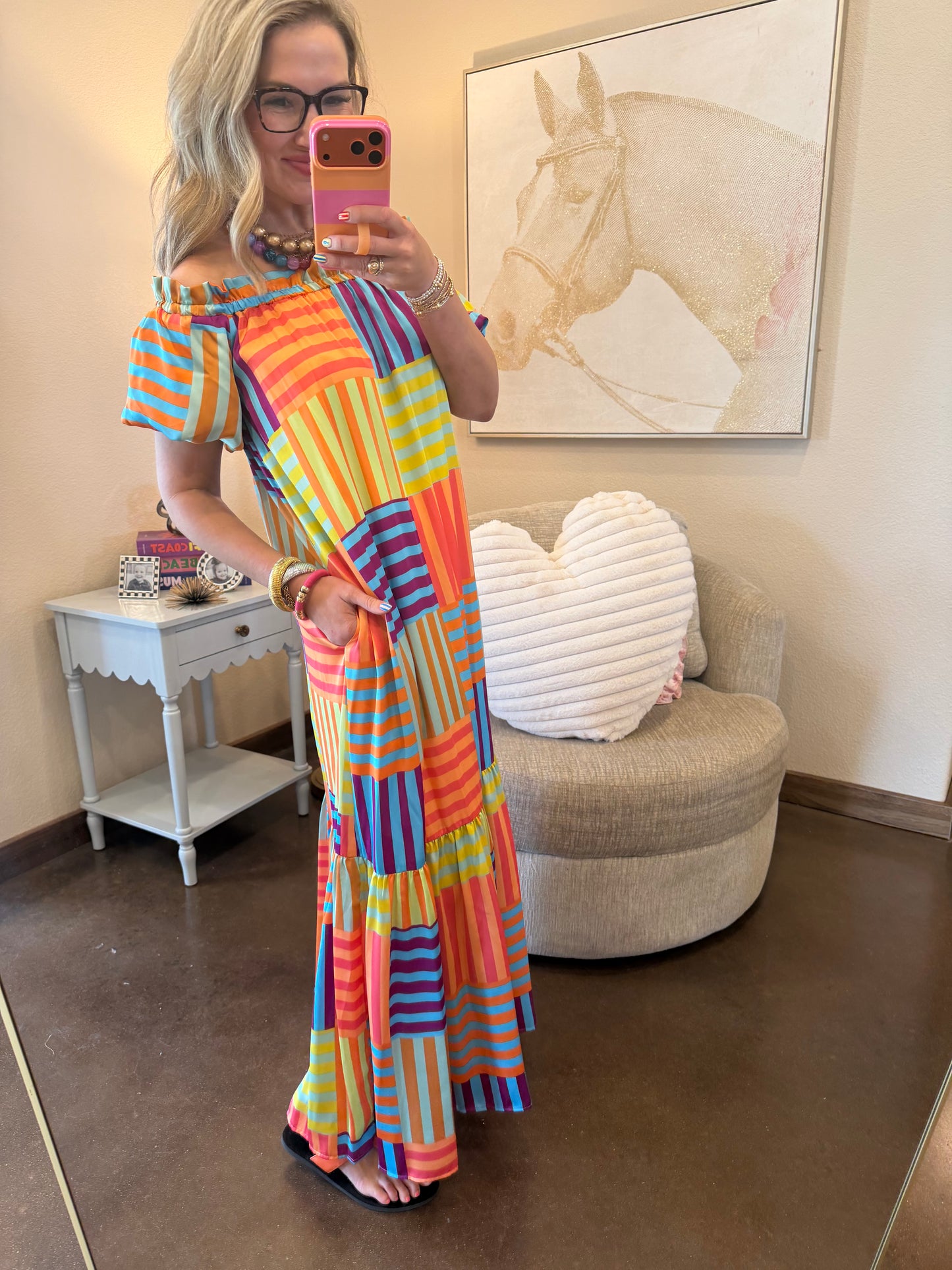 Adrienne Clarise Off Shoulder Bubble Sleeve Maxi Dress with Lining